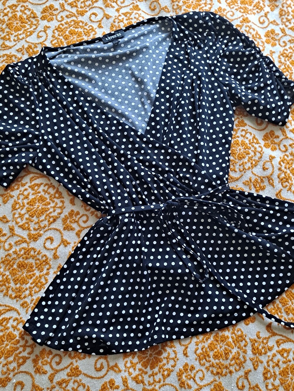 Express Black & White Polka Dot Wrap Blouse, SIZE L